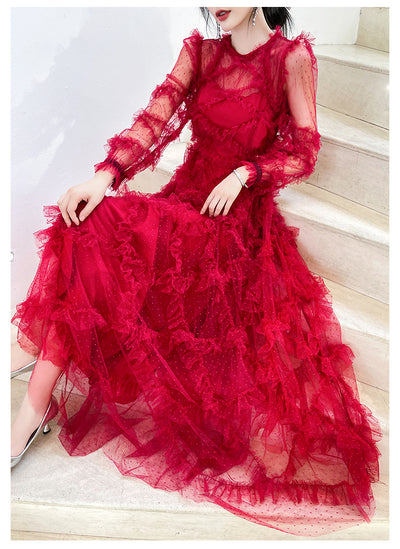 Vestido Rojo Elegante de Novia con Mangas Largas para Dama - Image 8