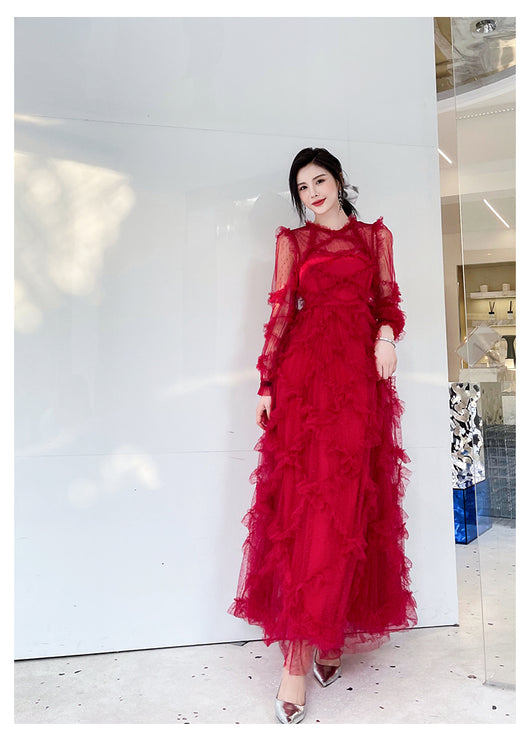 Vestido Rojo Elegante de Novia con Mangas Largas para Dama - Image 9
