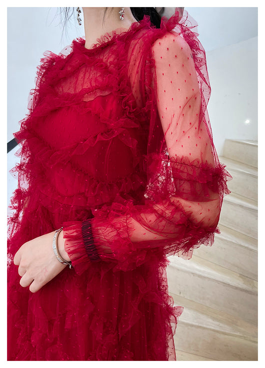 Vestido Rojo Elegante de Novia con Mangas Largas para Dama - Image 10