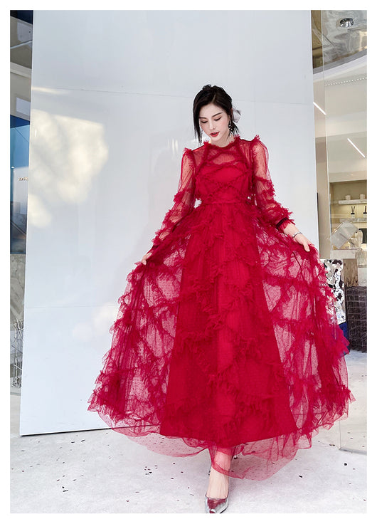 Vestido Rojo Elegante de Novia con Mangas Largas para Dama - Image 11