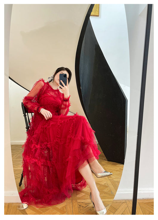 Vestido Rojo Elegante de Novia con Mangas Largas para Dama - Image 12