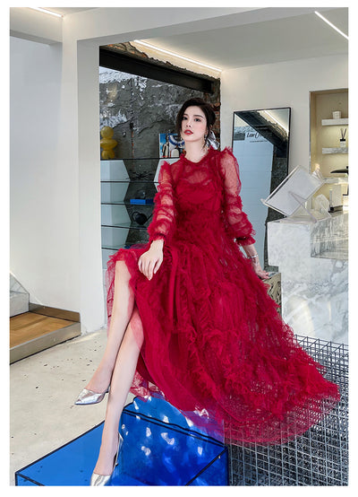 Vestido Rojo Elegante de Novia con Mangas Largas para Dama - Image 13