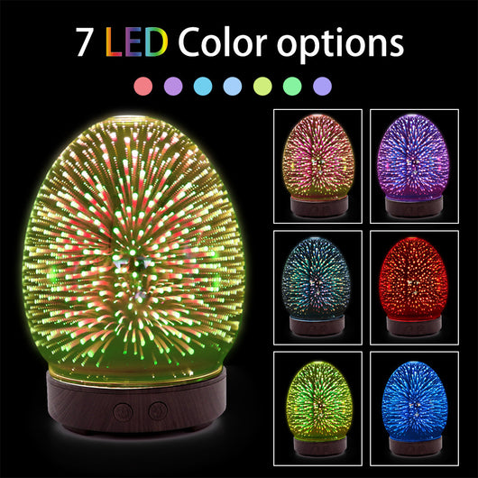 Red egg-shaped ultrasonic air humidifier with a 3D infinity mirror effect featuring glowing dragonfly patterns on a white base. - Image 7