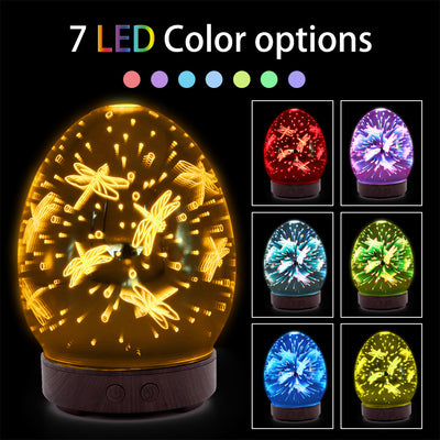 Red egg-shaped ultrasonic air humidifier with a 3D infinity mirror effect featuring glowing dragonfly patterns on a white base. - Image 8