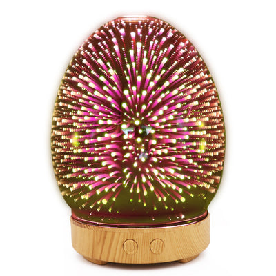 Red egg-shaped ultrasonic air humidifier with a 3D infinity mirror effect featuring glowing dragonfly patterns on a white base. - Image 12