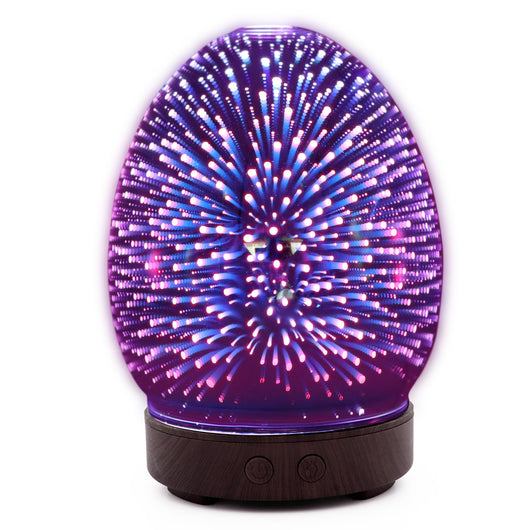 Red egg-shaped ultrasonic air humidifier with a 3D infinity mirror effect featuring glowing dragonfly patterns on a white base. - Image 13