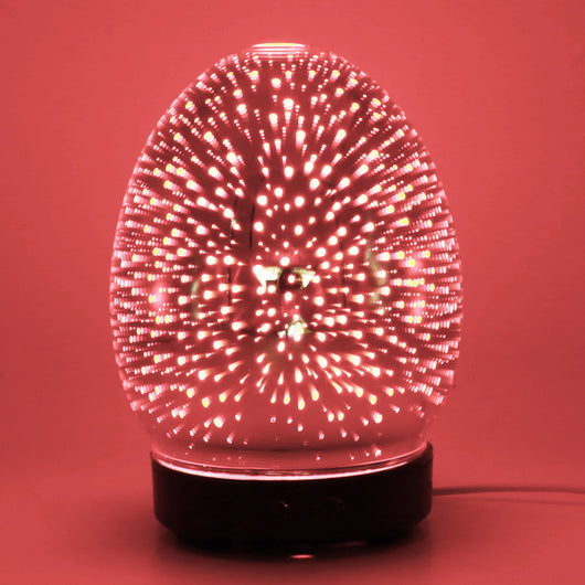 Red egg-shaped ultrasonic air humidifier with a 3D infinity mirror effect featuring glowing dragonfly patterns on a white base. - Image 14