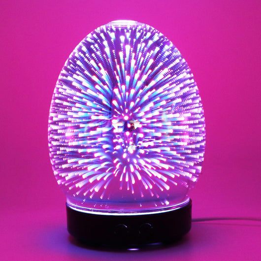 Red egg-shaped ultrasonic air humidifier with a 3D infinity mirror effect featuring glowing dragonfly patterns on a white base. - Image 17