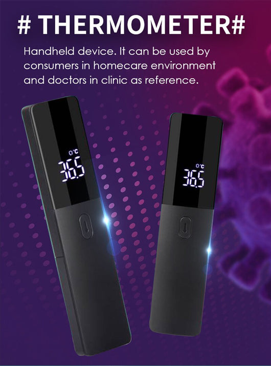 Two black full-screen infrared thermometers with digital displays showing 36.5 °C, one upright and one tilted. - Image 7