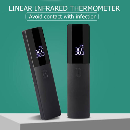 Two black full-screen infrared thermometers with digital displays showing 36.5 °C, one upright and one tilted. - Image 8