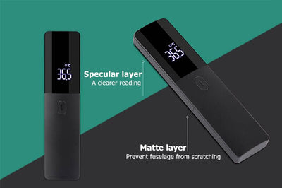 Two black full-screen infrared thermometers with digital displays showing 36.5 °C, one upright and one tilted. - Image 9
