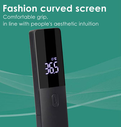 Two black full-screen infrared thermometers with digital displays showing 36.5 °C, one upright and one tilted. - Image 11