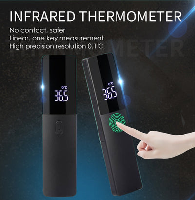 Two black full-screen infrared thermometers with digital displays showing 36.5 °C, one upright and one tilted. - Image 12