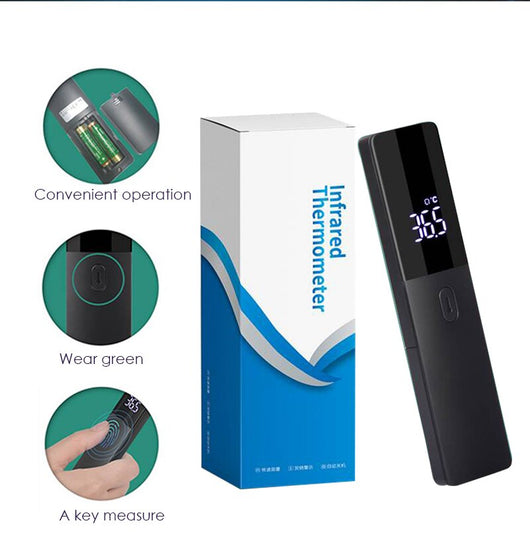 Two black full-screen infrared thermometers with digital displays showing 36.5 °C, one upright and one tilted. - Image 13
