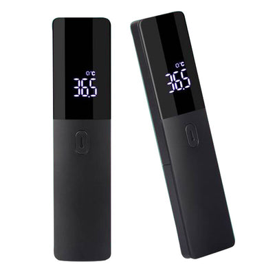 Two black full-screen infrared thermometers with digital displays showing 36.5 °C, one upright and one tilted. - Image 15