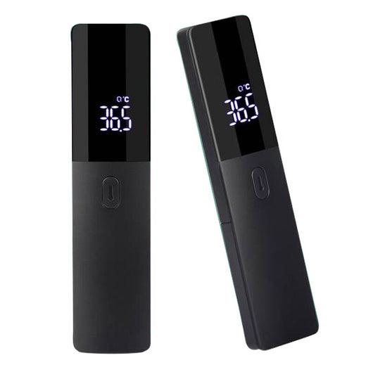 Two black full-screen infrared thermometers with digital displays showing 36.5 °C, one upright and one tilted. - Image 15