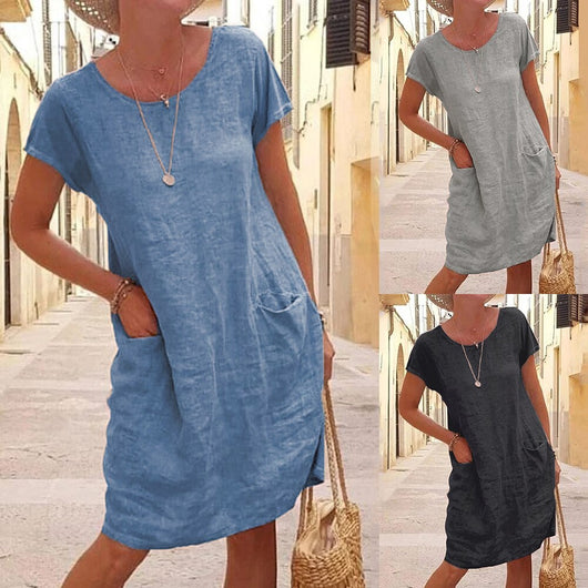 Vestido Suelto de Lino y Algodón con Bolsillos - Manga Corta Cuello Redondo - Image 8