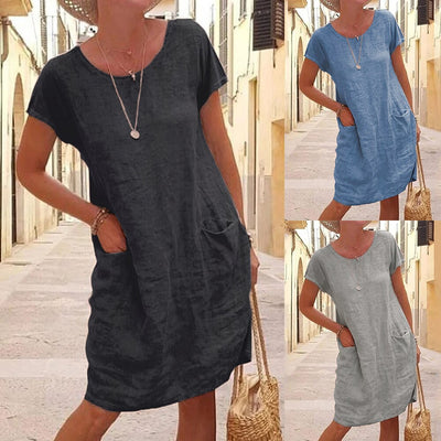 Vestido Suelto de Lino y Algodón con Bolsillos - Manga Corta Cuello Redondo - Image 9