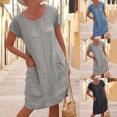 Vestido Suelto de Lino y Algodón con Bolsillos - Manga Corta Cuello Redondo - Image 10