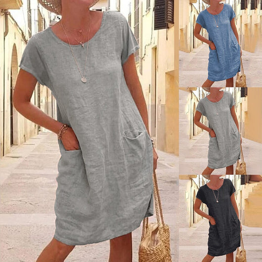 Vestido Suelto de Lino y Algodón con Bolsillos - Manga Corta Cuello Redondo - Image 10