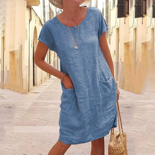 Vestido Suelto de Lino y Algodón con Bolsillos - Manga Corta Cuello Redondo - Image 11