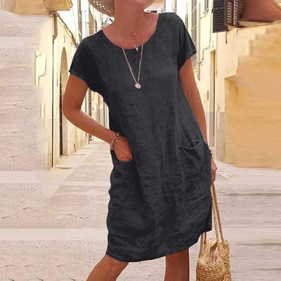 Vestido Suelto de Lino y Algodón con Bolsillos - Manga Corta Cuello Redondo - Image 12