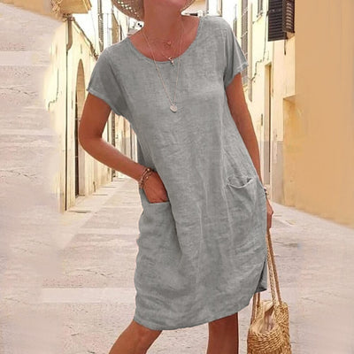 Vestido Suelto de Lino y Algodón con Bolsillos - Manga Corta Cuello Redondo - Image 13