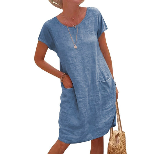 Vestido Suelto de Lino y Algodón con Bolsillos - Manga Corta Cuello Redondo - Image 14