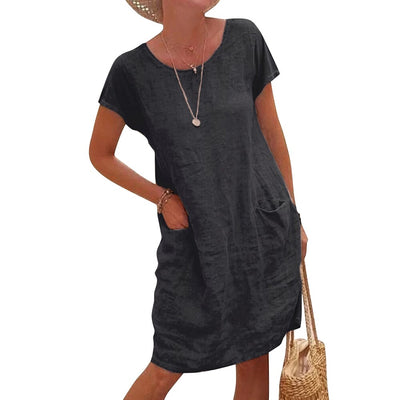 Vestido Suelto de Lino y Algodón con Bolsillos - Manga Corta Cuello Redondo - Image 15