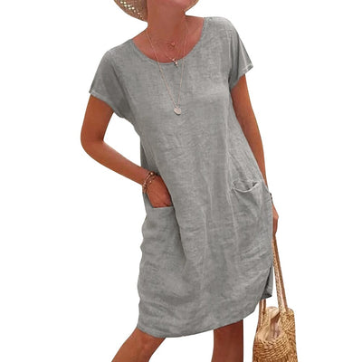 Vestido Suelto de Lino y Algodón con Bolsillos - Manga Corta Cuello Redondo - Image 16