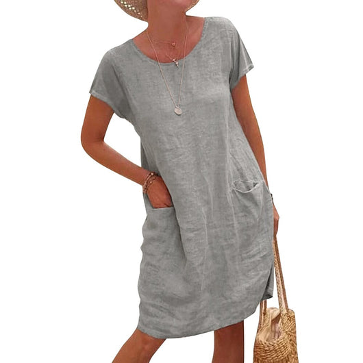 Vestido Suelto de Lino y Algodón con Bolsillos - Manga Corta Cuello Redondo - Image 16
