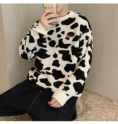 Suéter Jacquard Estampado Vaca Oversized Cuello Redondo - Image 9