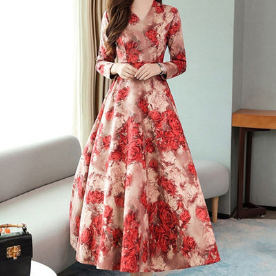 Vestido Largo Otoño con Estampado V-Neck Manga Larga Efecto Adelgazante - Image 9