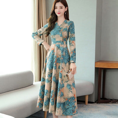 Vestido Largo Otoño con Estampado V-Neck Manga Larga Efecto Adelgazante - Image 12
