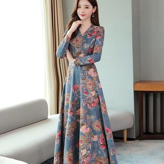 Vestido Largo Otoño con Estampado V-Neck Manga Larga Efecto Adelgazante - Image 15