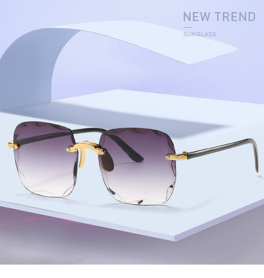 Pink rimless square sunglasses with wavy edges, gold-tone hardware, and clear pink temples on a white background. - Image 7