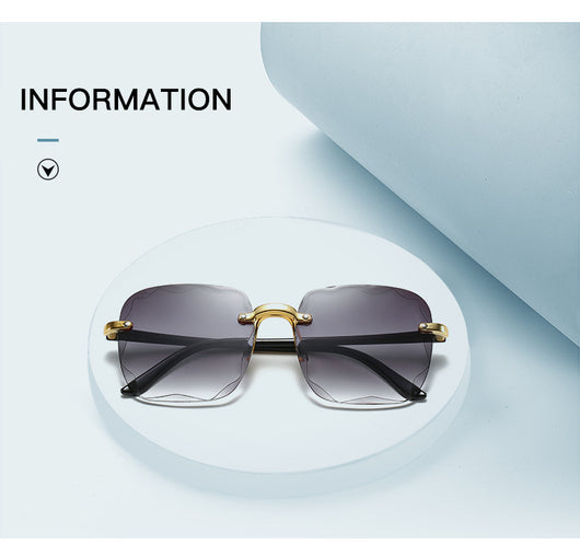 Pink rimless square sunglasses with wavy edges, gold-tone hardware, and clear pink temples on a white background. - Image 9