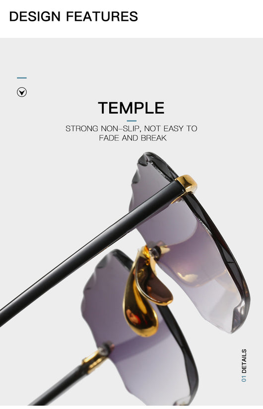 Pink rimless square sunglasses with wavy edges, gold-tone hardware, and clear pink temples on a white background. - Image 11