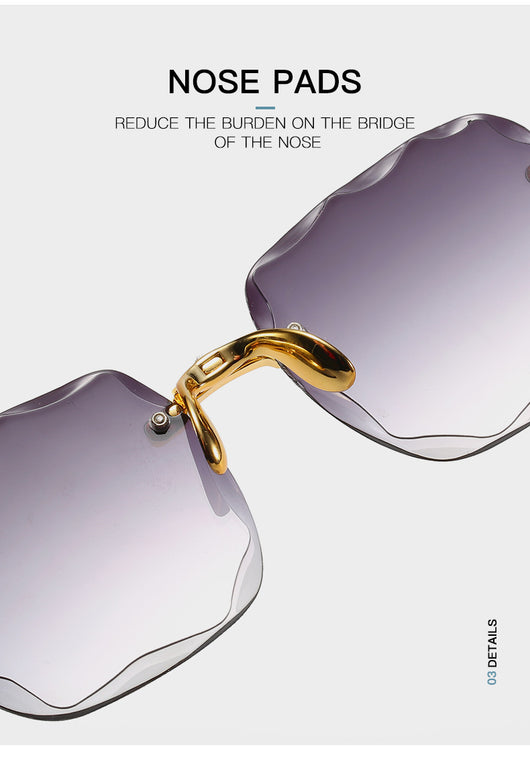Pink rimless square sunglasses with wavy edges, gold-tone hardware, and clear pink temples on a white background. - Image 13