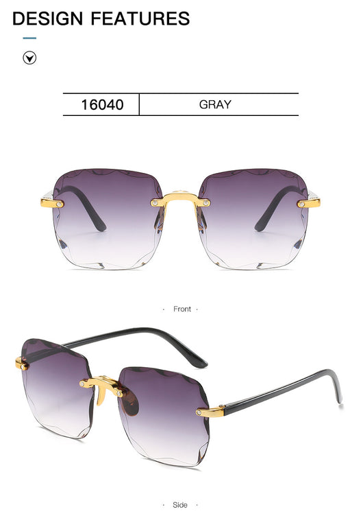 Pink rimless square sunglasses with wavy edges, gold-tone hardware, and clear pink temples on a white background. - Image 14