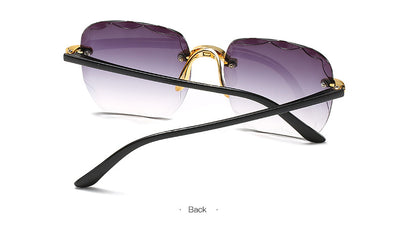 Pink rimless square sunglasses with wavy edges, gold-tone hardware, and clear pink temples on a white background. - Image 15
