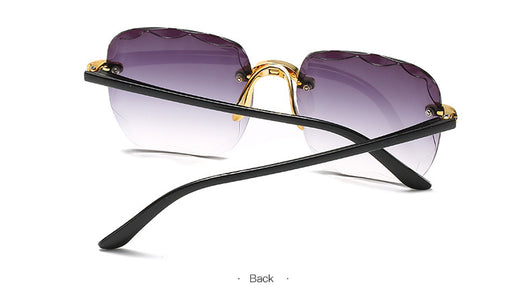 Pink rimless square sunglasses with wavy edges, gold-tone hardware, and clear pink temples on a white background. - Image 15