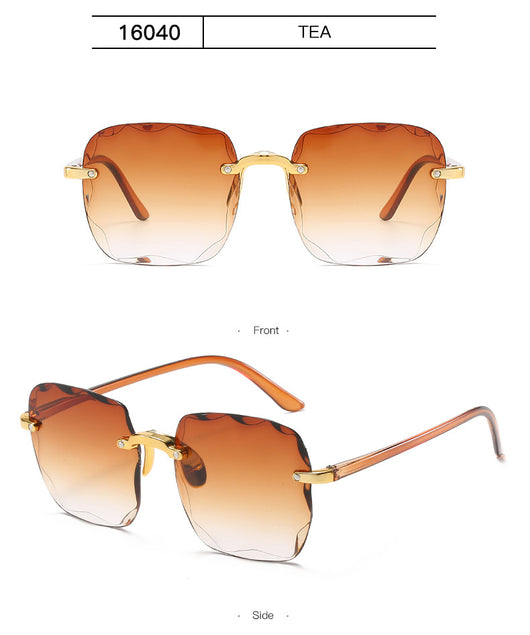 Pink rimless square sunglasses with wavy edges, gold-tone hardware, and clear pink temples on a white background. - Image 16