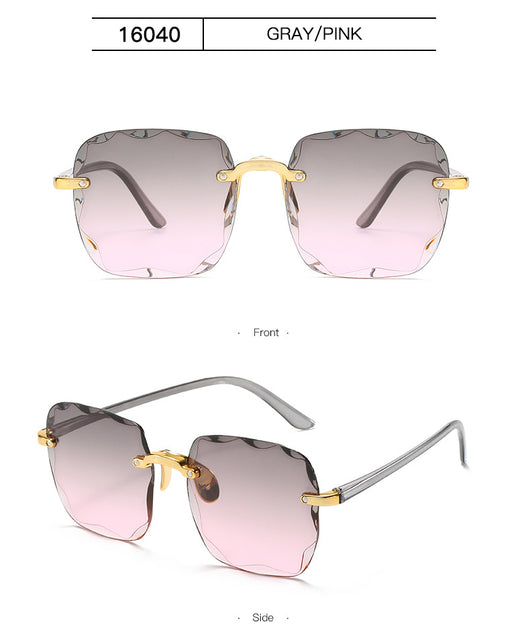 Pink rimless square sunglasses with wavy edges, gold-tone hardware, and clear pink temples on a white background. - Image 18