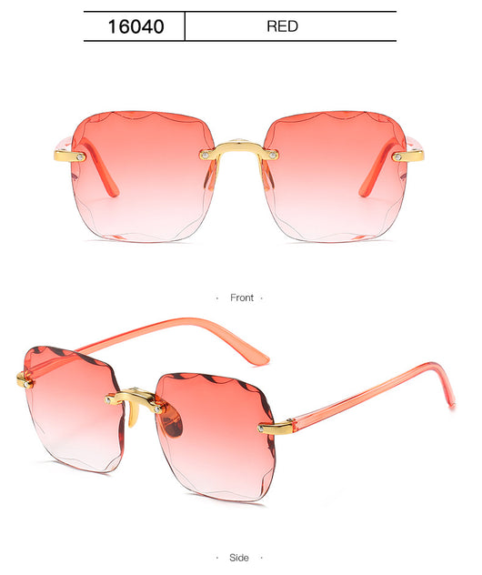 Pink rimless square sunglasses with wavy edges, gold-tone hardware, and clear pink temples on a white background. - Image 19