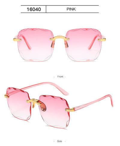 Pink rimless square sunglasses with wavy edges, gold-tone hardware, and clear pink temples on a white background. - Image 20