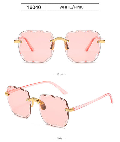 Pink rimless square sunglasses with wavy edges, gold-tone hardware, and clear pink temples on a white background. - Image 21