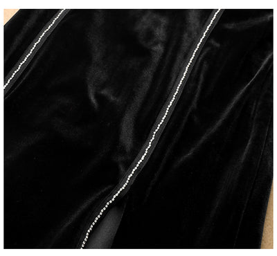 Vestido Largo de Terciopelo Dorado con Escote V y Abertura Sensual - Image 17