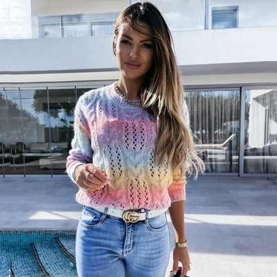 Suéter Tie-dye Arcoíris Degradado con Escote Redondo y Detalle Cutout en Mohair - Image 12