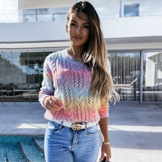 Suéter Tie-dye Arcoíris Degradado con Escote Redondo y Detalle Cutout en Mohair - Image 12